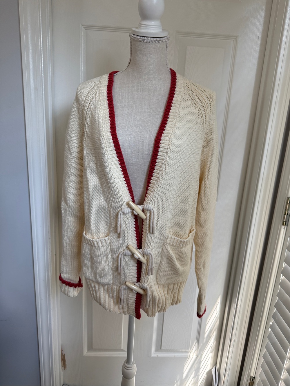 Avec Les Filles Cream Cardigan with Red Trim SZ Medium Oversized Costal Grandma
